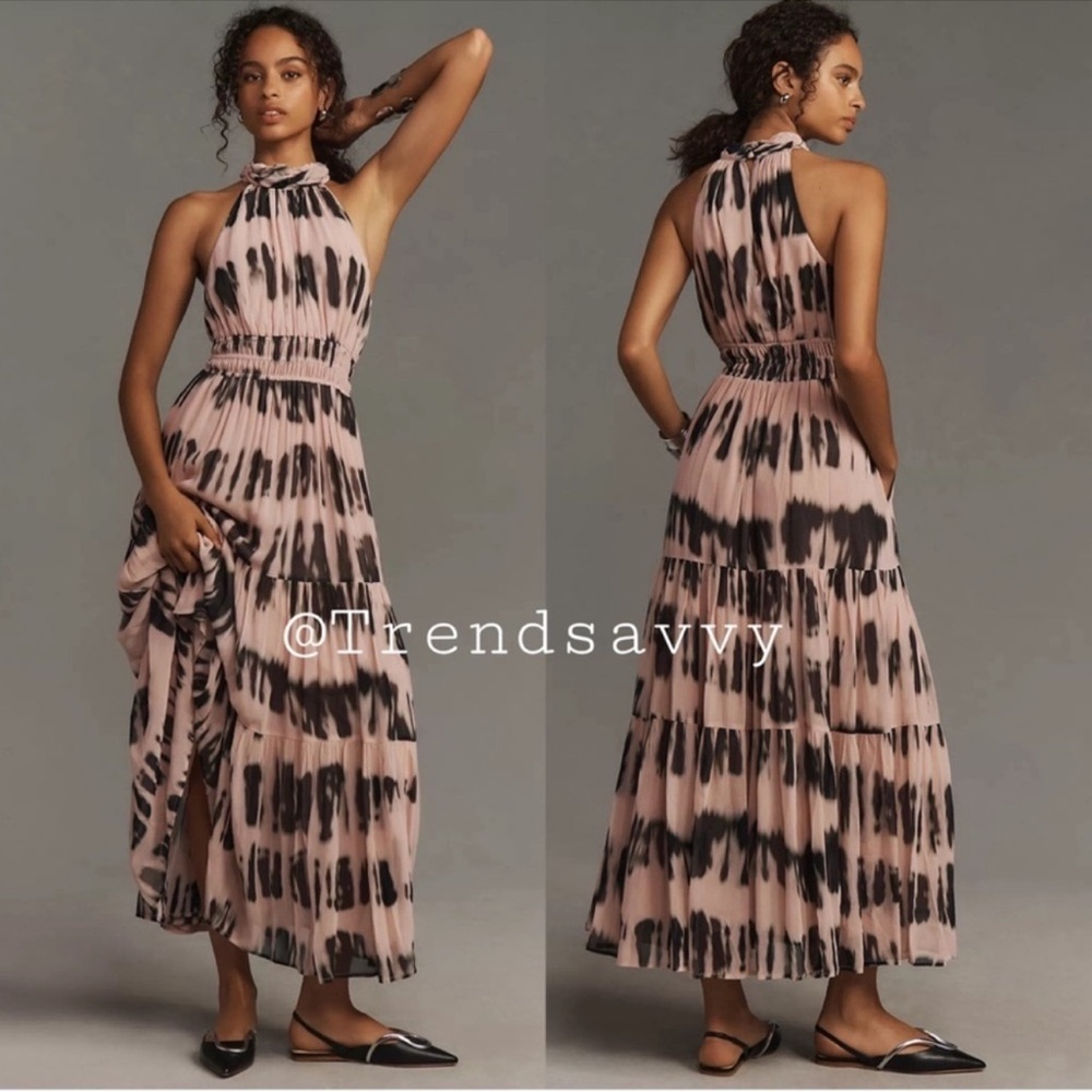 Anthropologie Somerset Halter Maxi Dress Pink Brown Smocked Waist Boho Vacation